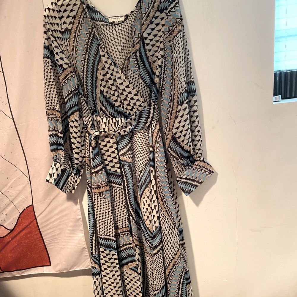 Island style boutique pattern maxi dress with self tie belt